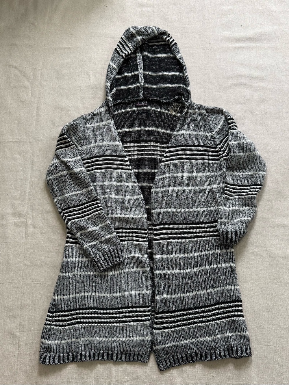 Black Gray Striped Hooded Longline Cardigan Sweater Open Front M/L